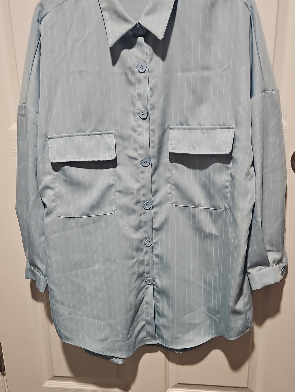 Women's Light Blue Pinstripe Relaxed Button-Down Shirt